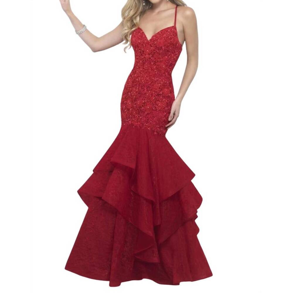 NEW BLUSH PROM lace bodice ruffled mermaid gown in valentine